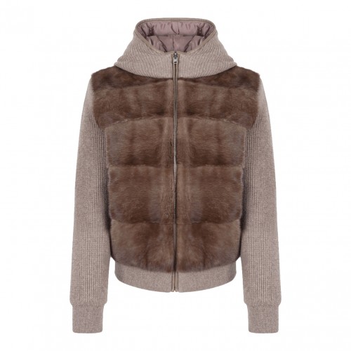 Beige and Brown Shearling and Knit Double Face Jacket