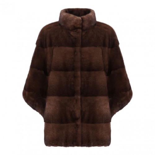 Brown Mink Fur Coat with High Collar