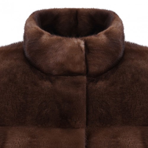 Brown Mink Fur Coat with High Collar