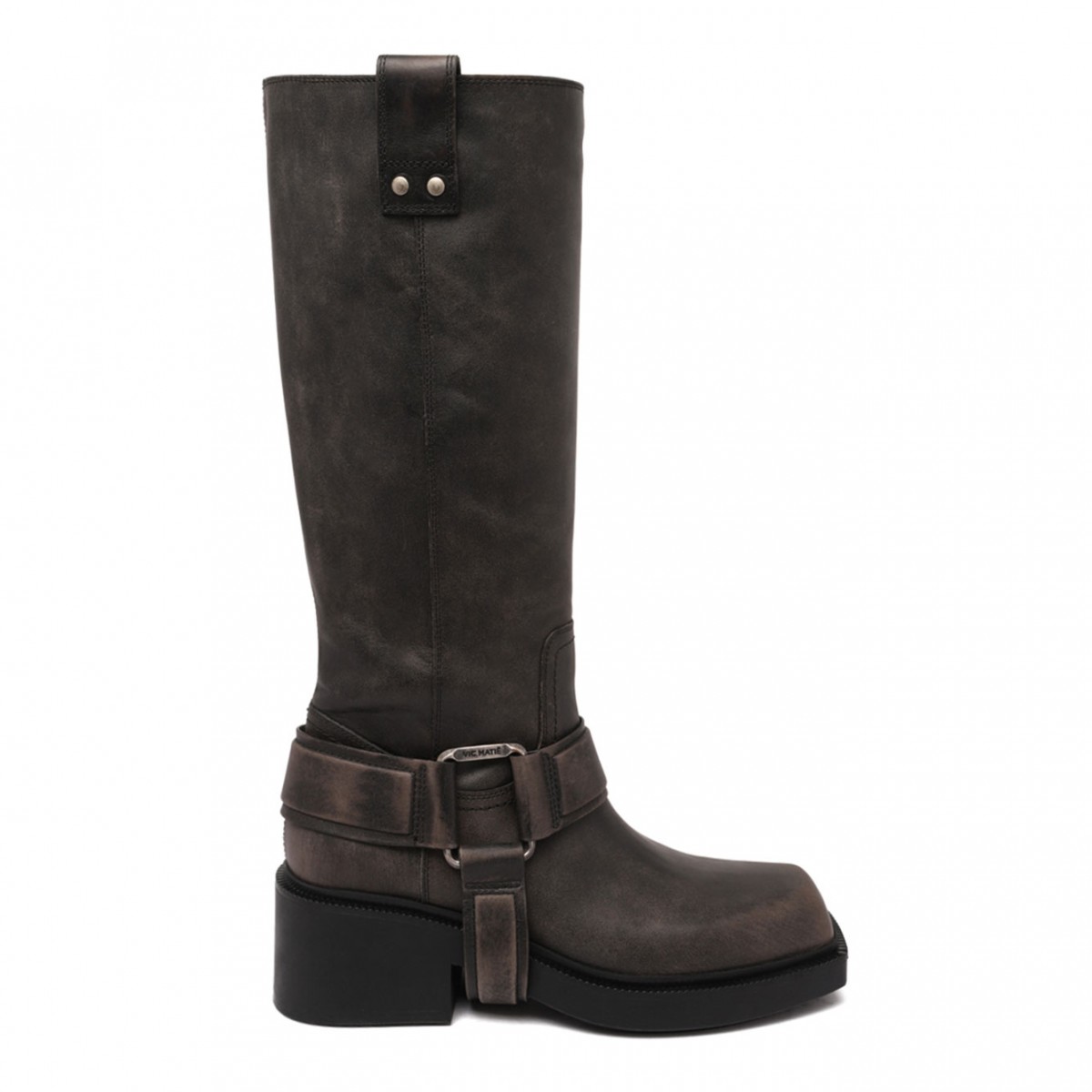 Smog Grey Buckle-Strap Leather Boots