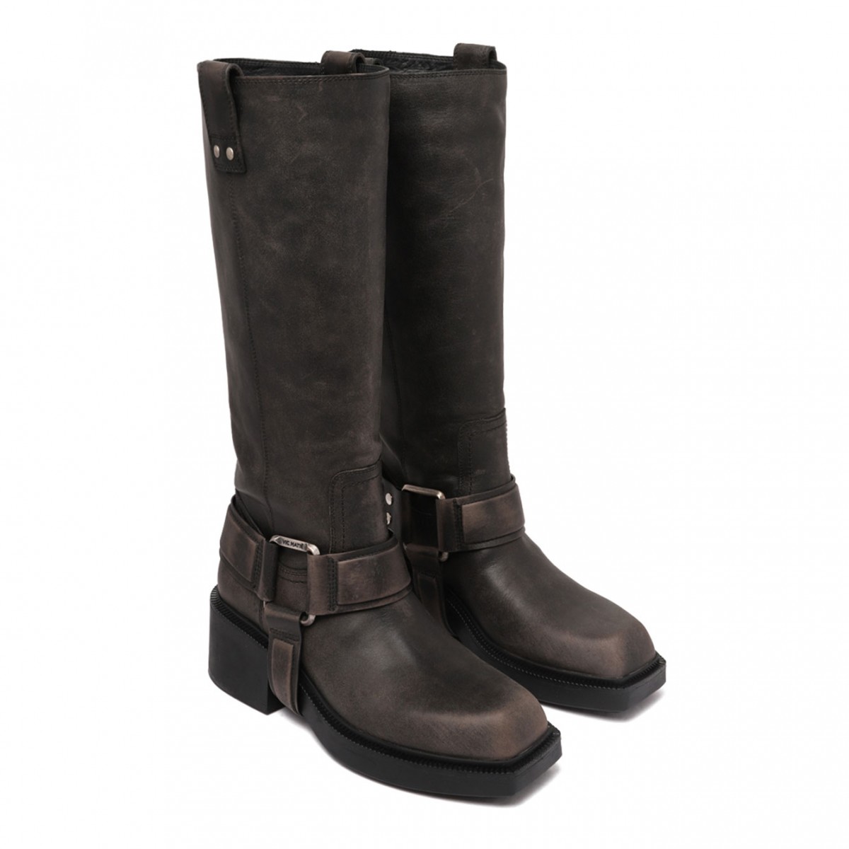 Smog Grey Buckle-Strap Leather Boots
