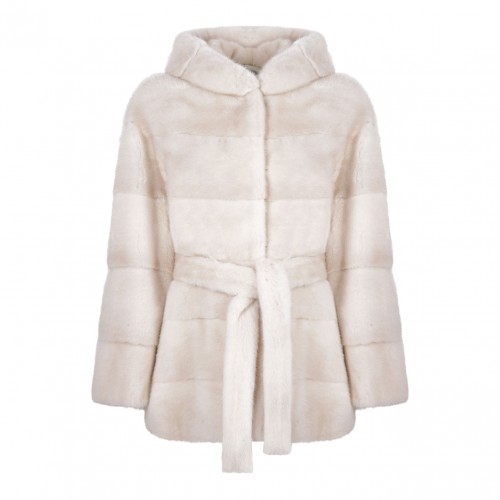 Pearl Mink Fur Coat with Hood and Belt