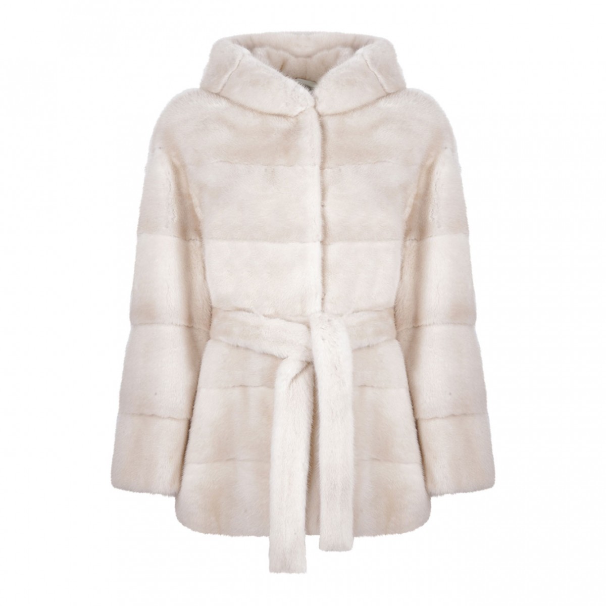 Pearl Mink Fur Coat with Hood and Belt
