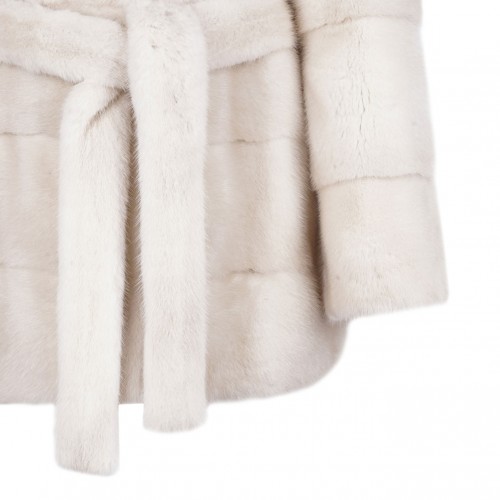 Pearl Mink Fur Coat with Hood and Belt
