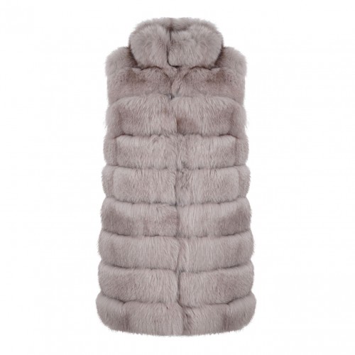 Light Grey Fox Fur Midi Vest with High Collar
