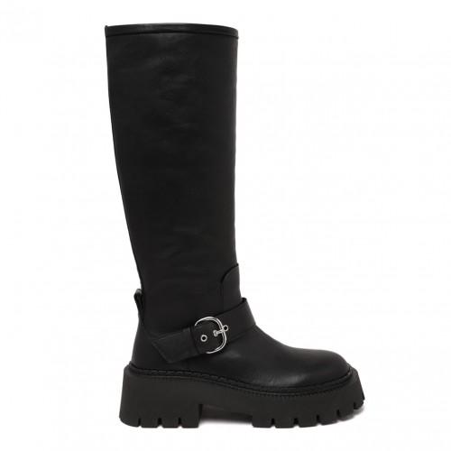 Black Buckle-Fastening Knee-High Boots