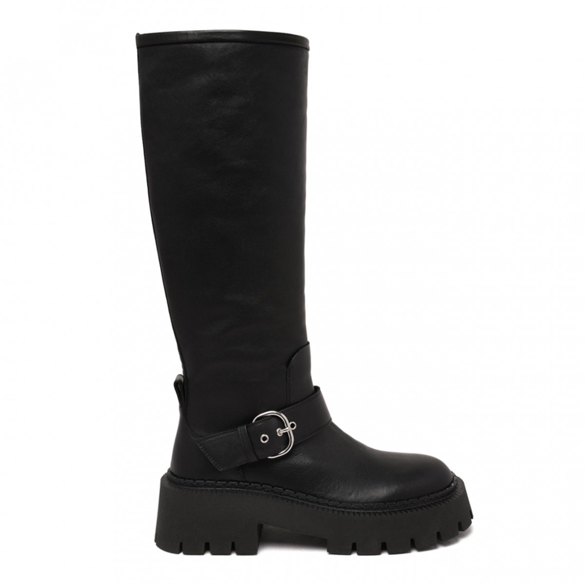 Black Buckle-Fastening Knee-High Boots