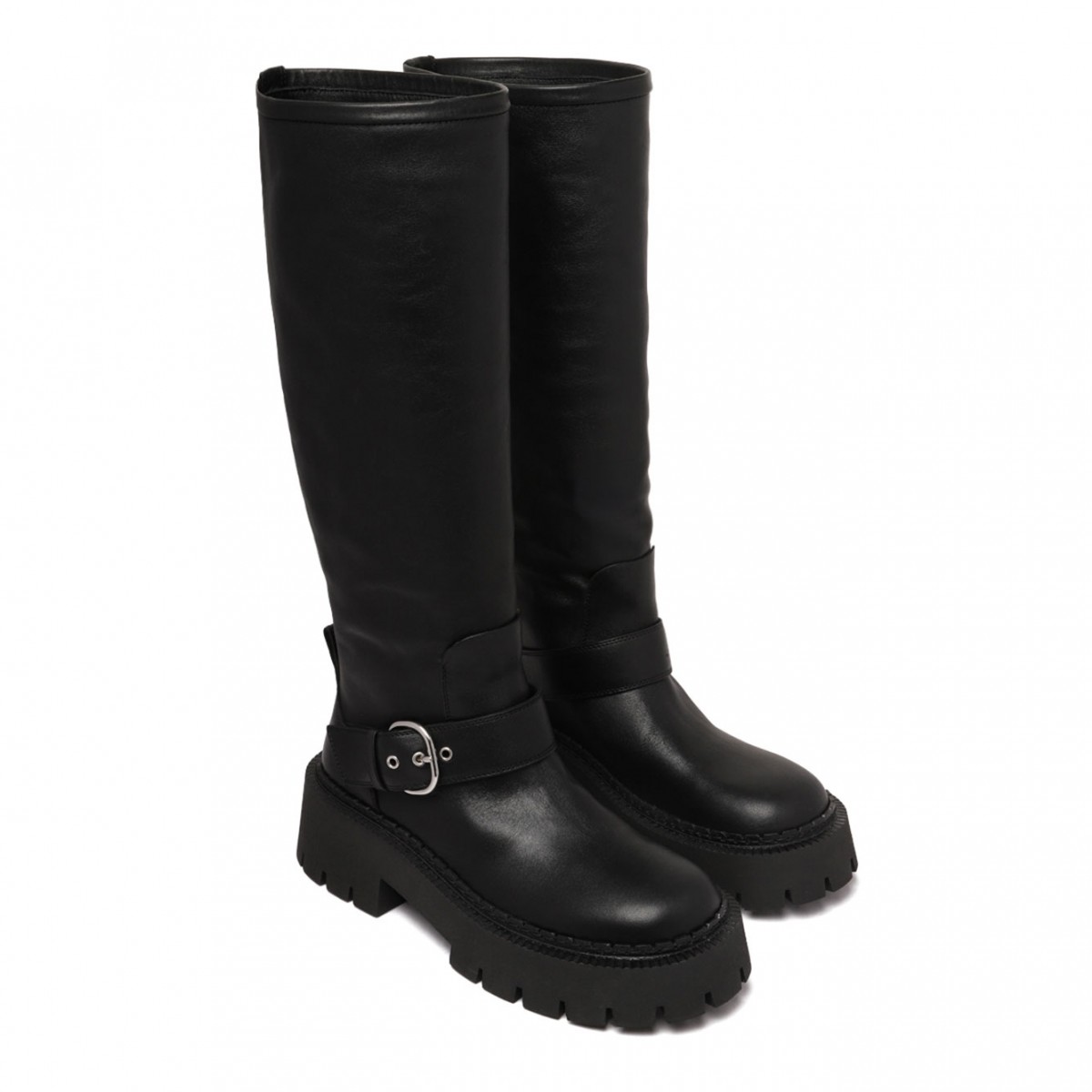 Black Buckle-Fastening Knee-High Boots