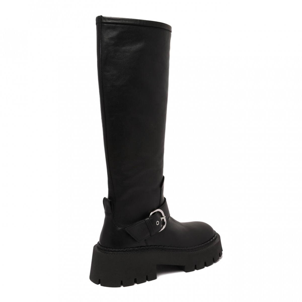 Black Buckle-Fastening Knee-High Boots