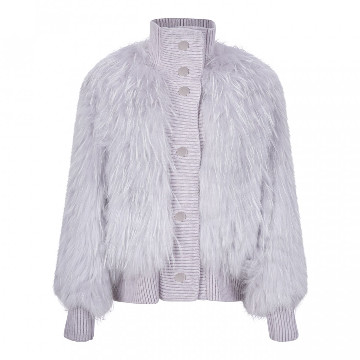 Light Grey Raccoon Fur Bomber Jacket with High Collar