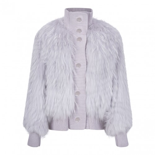 Light Grey Raccoon Fur Bomber Jacket with High Collar