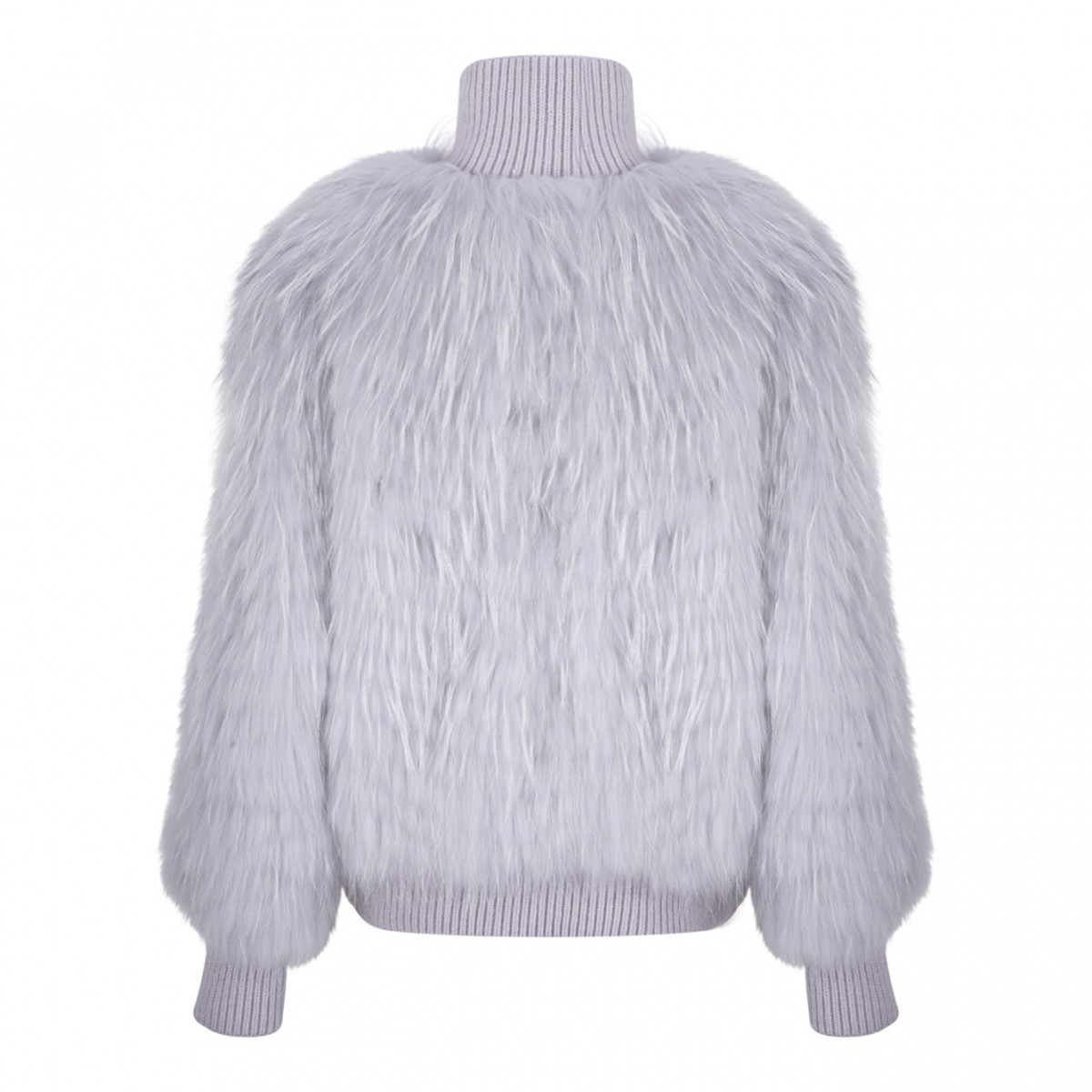 Light Grey Raccoon Fur Bomber Jacket with High Collar