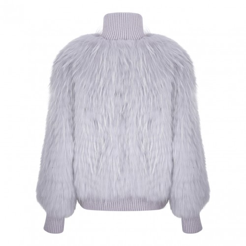 Light Grey Raccoon Fur Bomber Jacket with High Collar