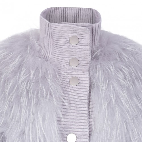Light Grey Raccoon Fur Bomber Jacket with High Collar