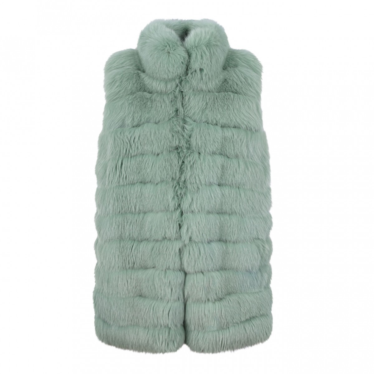 Light Green Fox Fur Coat with High Collar