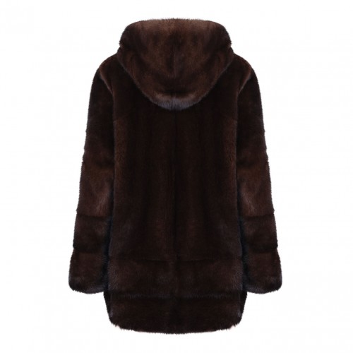 Dark Brown Mink Fur Midi Coat with Hood