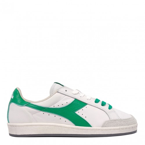 White and Green Leather Low Top Sneakers