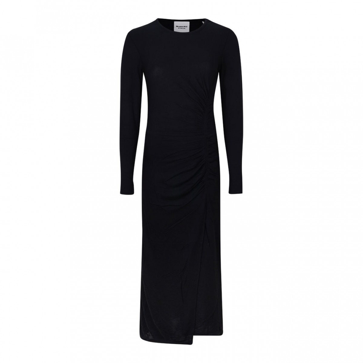 Black Gathered Long-Sleeve Midi Dress