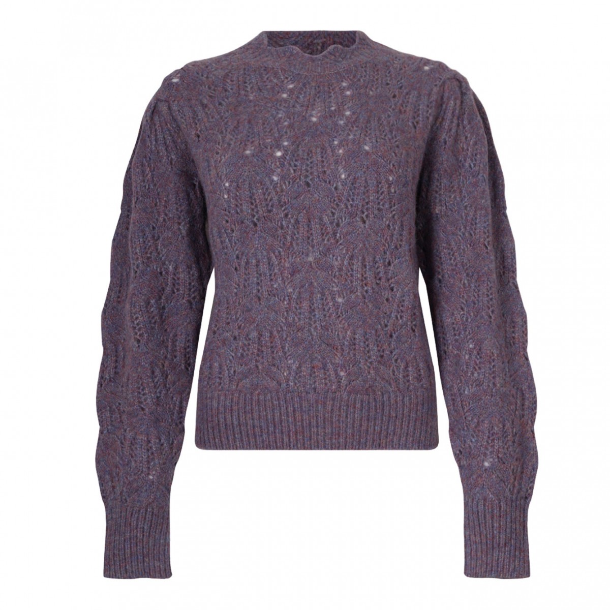 Purple Puff-Sleeve Open-Knit Sweater