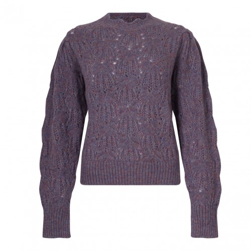 Purple Puff-Sleeve Open-Knit Sweater