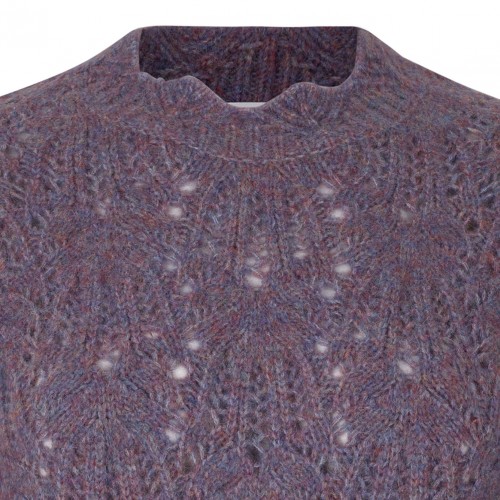 Purple Puff-Sleeve Open-Knit Sweater