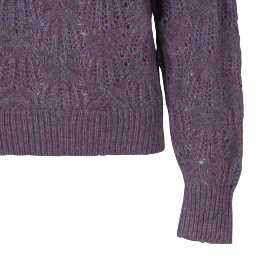 Purple Puff-Sleeve Open-Knit Sweater