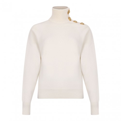 Off White High-Neck Coin-Button Sweater