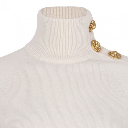 Off White High-Neck Coin-Button Sweater