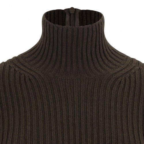 Moss Green Ribbed Wool And Cashmere Turtleneck