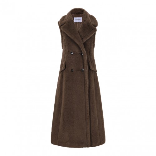 Brown Sleeveless Coat In Alpaca And Wool Teddy