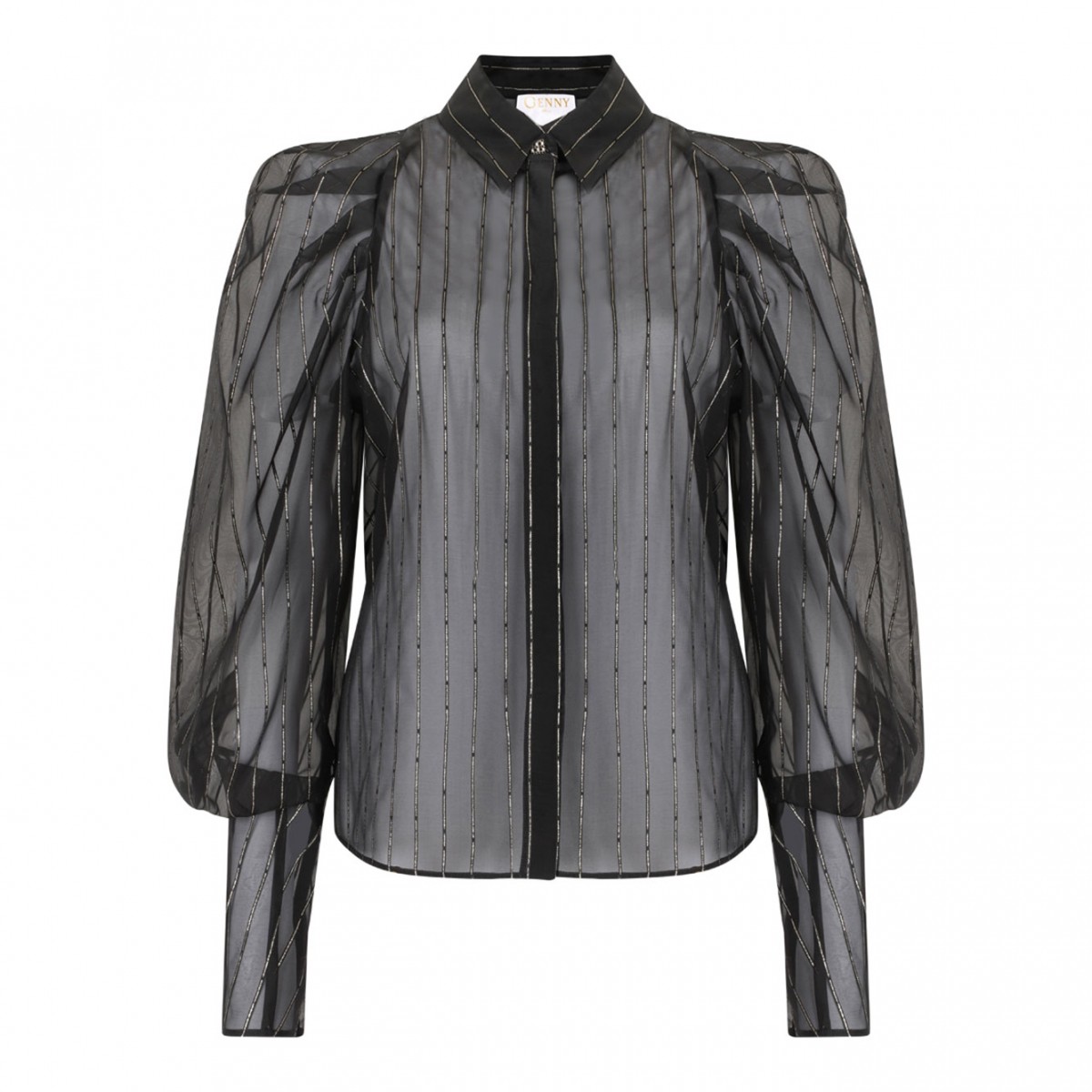 Black Pinstripe Balloon-Sleeve Blouse