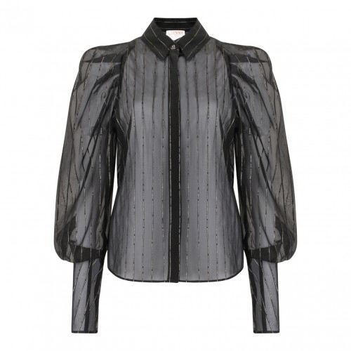 Black Pinstripe Balloon-Sleeve Blouse