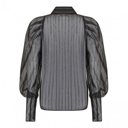 Black Pinstripe Balloon-Sleeve Blouse