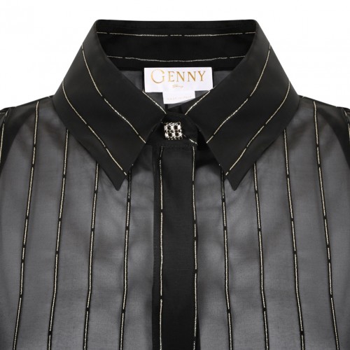 Black Pinstripe Balloon-Sleeve Blouse