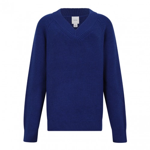 Blue Wool Blend V-Neck Sweater