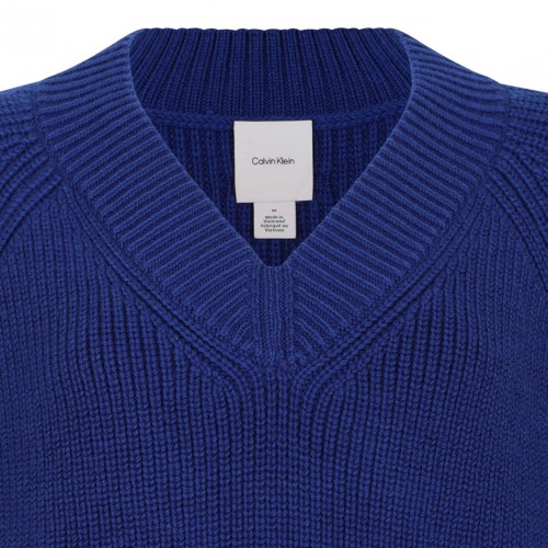 Blue Wool Blend V-Neck Sweater