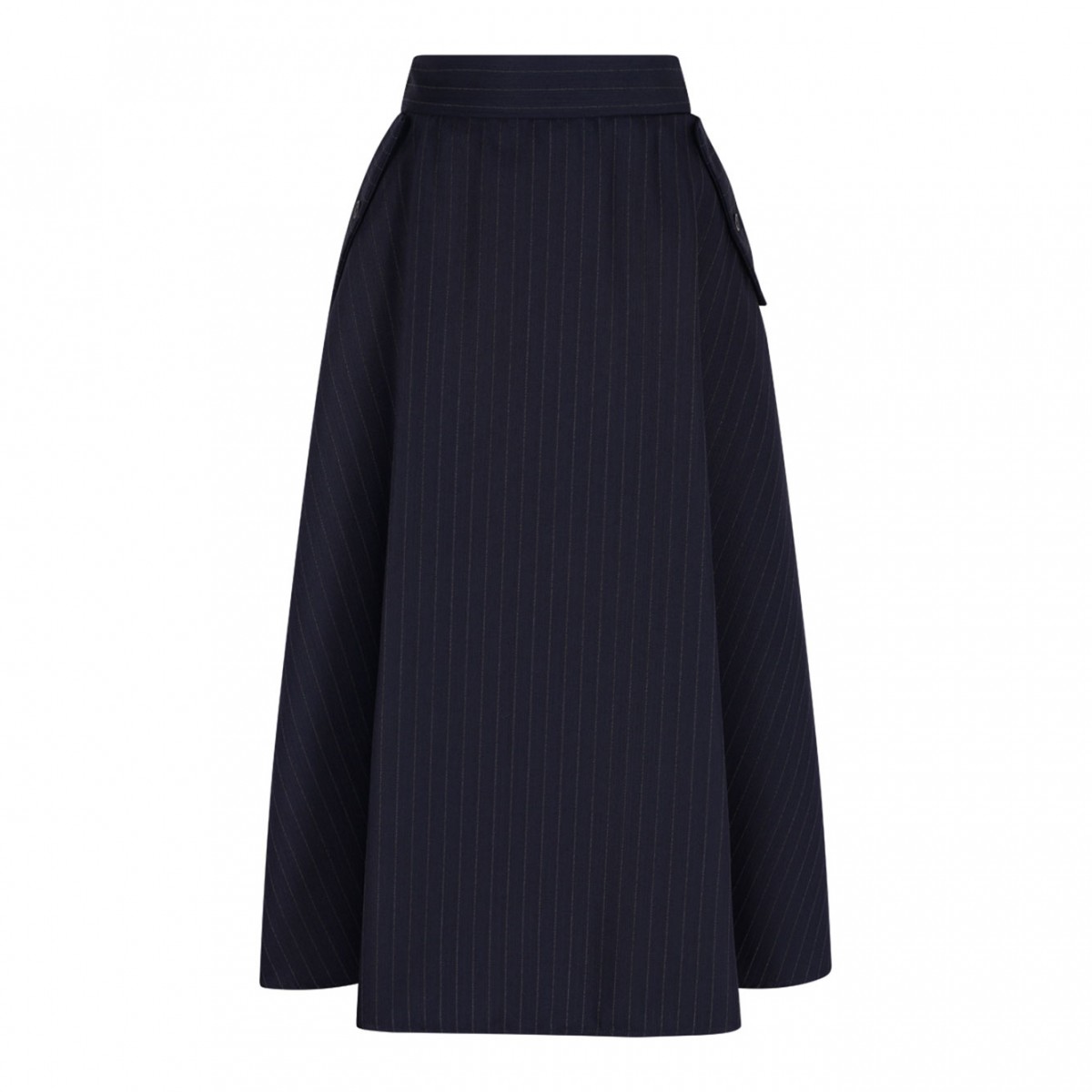 Dark Navy Blye Pinstripe Button-Detailing Midi A-Line Skirt