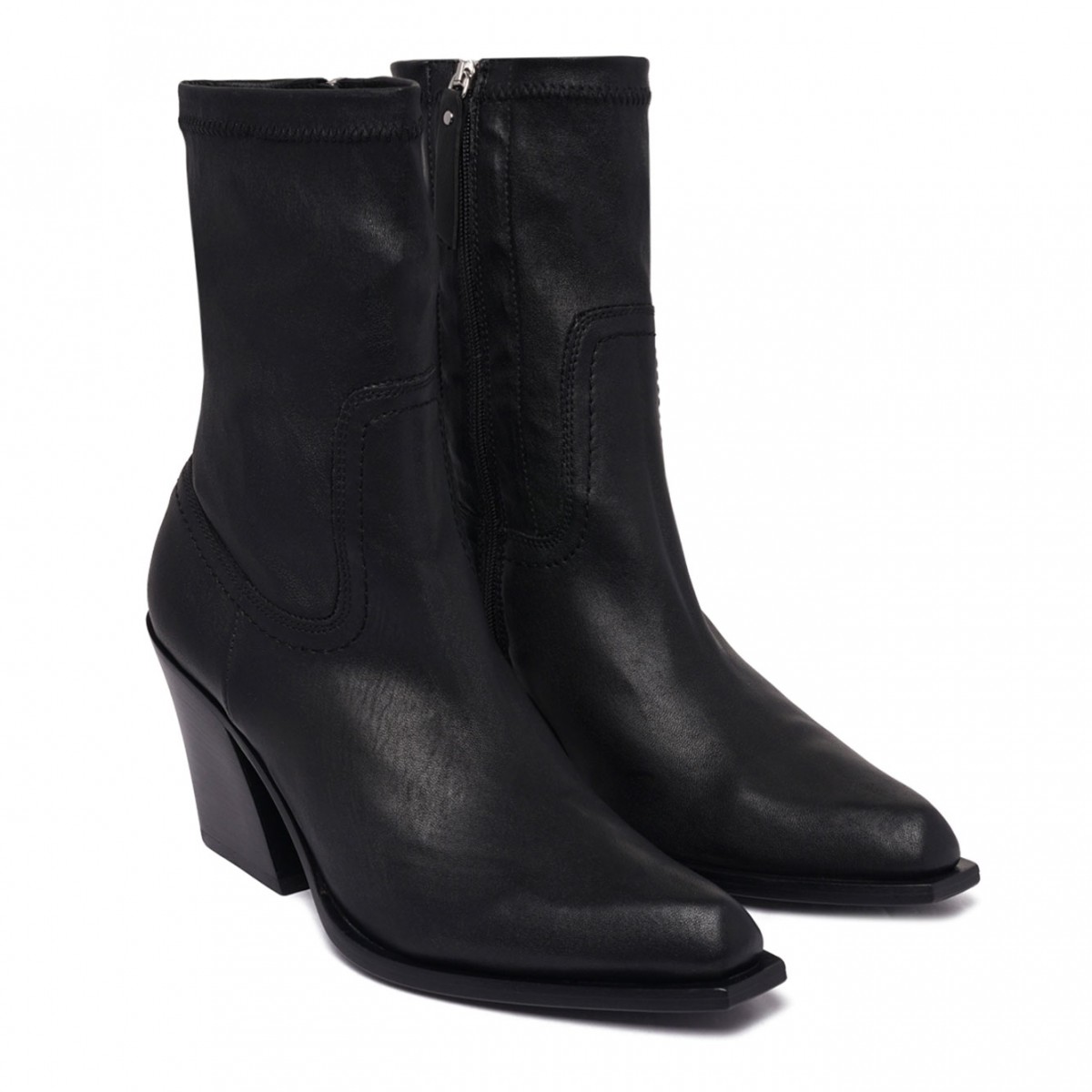 Black Stretch-Leather Pointed-Toe Boots