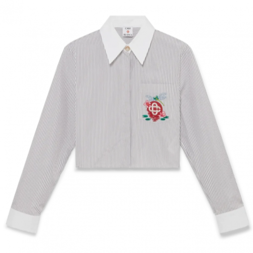 White Cotton Pinstripe Embroidered Cropped Shirt