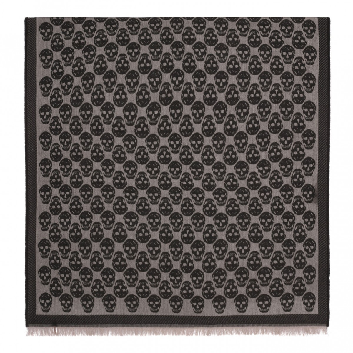 Grey Skull-Patterned Fringed Scarf