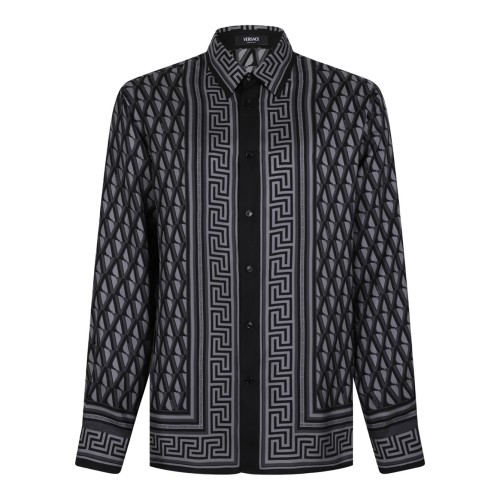 Black and Grey Printed Silk Twill Regular Shirt