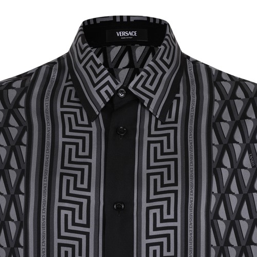 Black and Grey Printed Silk Twill Regular Shirt