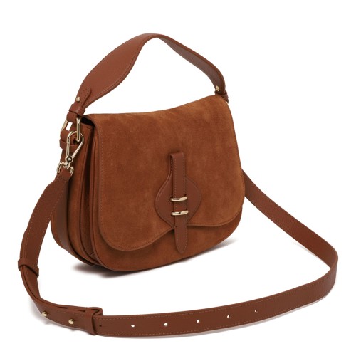 Cognac Suede and Micro Grain-Leather Mavery Bag