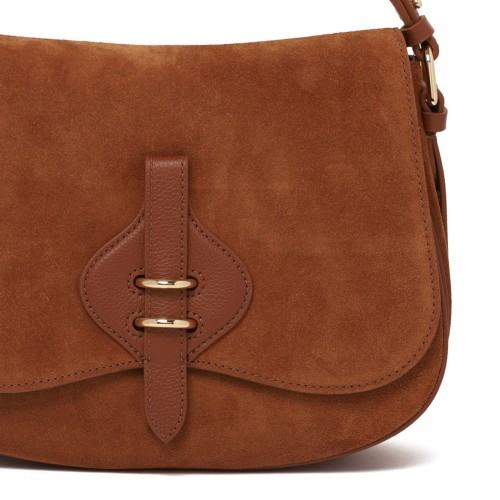 Cognac Suede and Micro Grain-Leather Mavery Bag