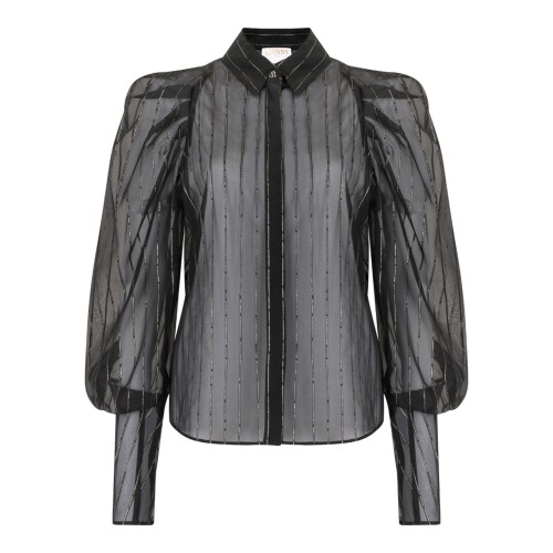 Black Pinstripe Balloon-Sleeve Blouse