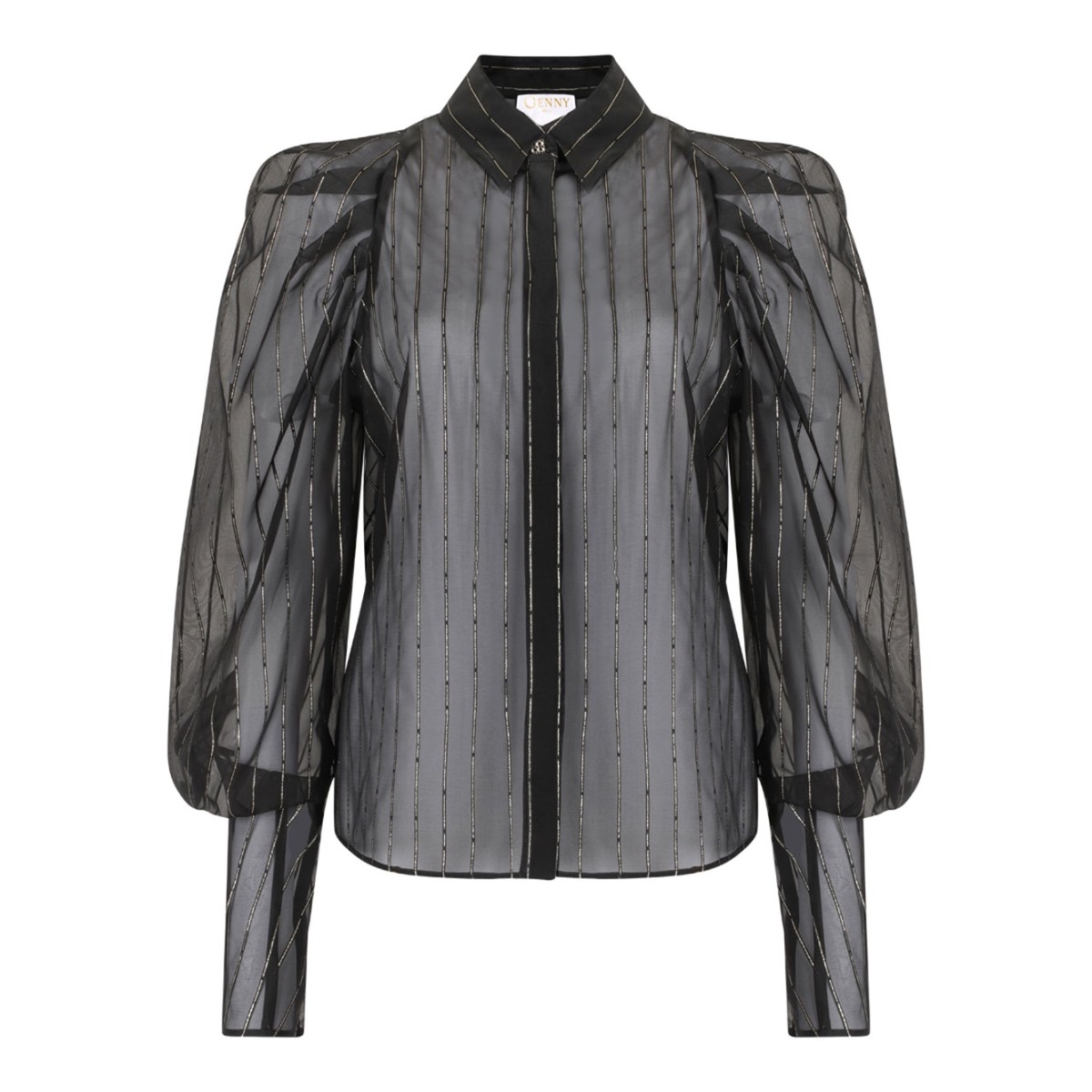 Black Pinstripe Balloon-Sleeve Blouse