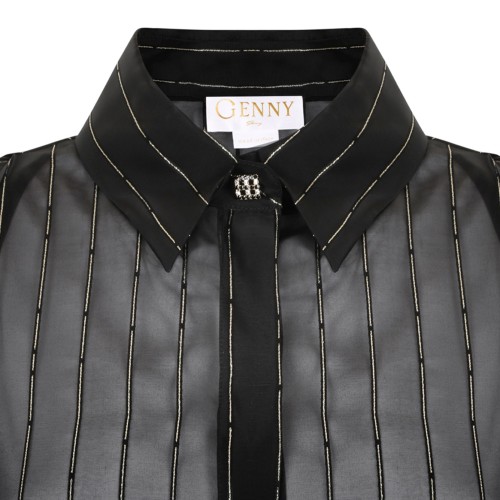 Black Pinstripe Balloon-Sleeve Blouse