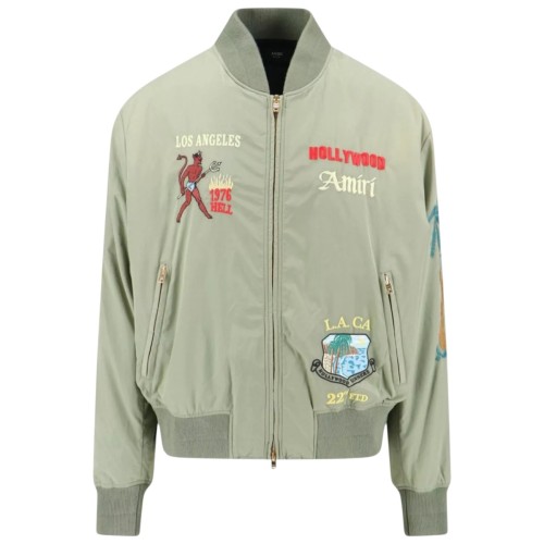 Olive Green Bomber Jacket With Zip And Embroidery