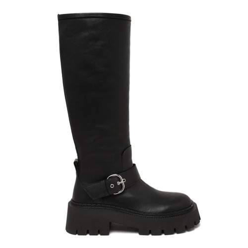 Black Buckle-Fastening Knee-High Boots