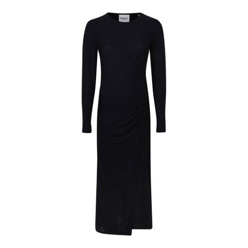 Black Gathered Long-Sleeve Midi Dress